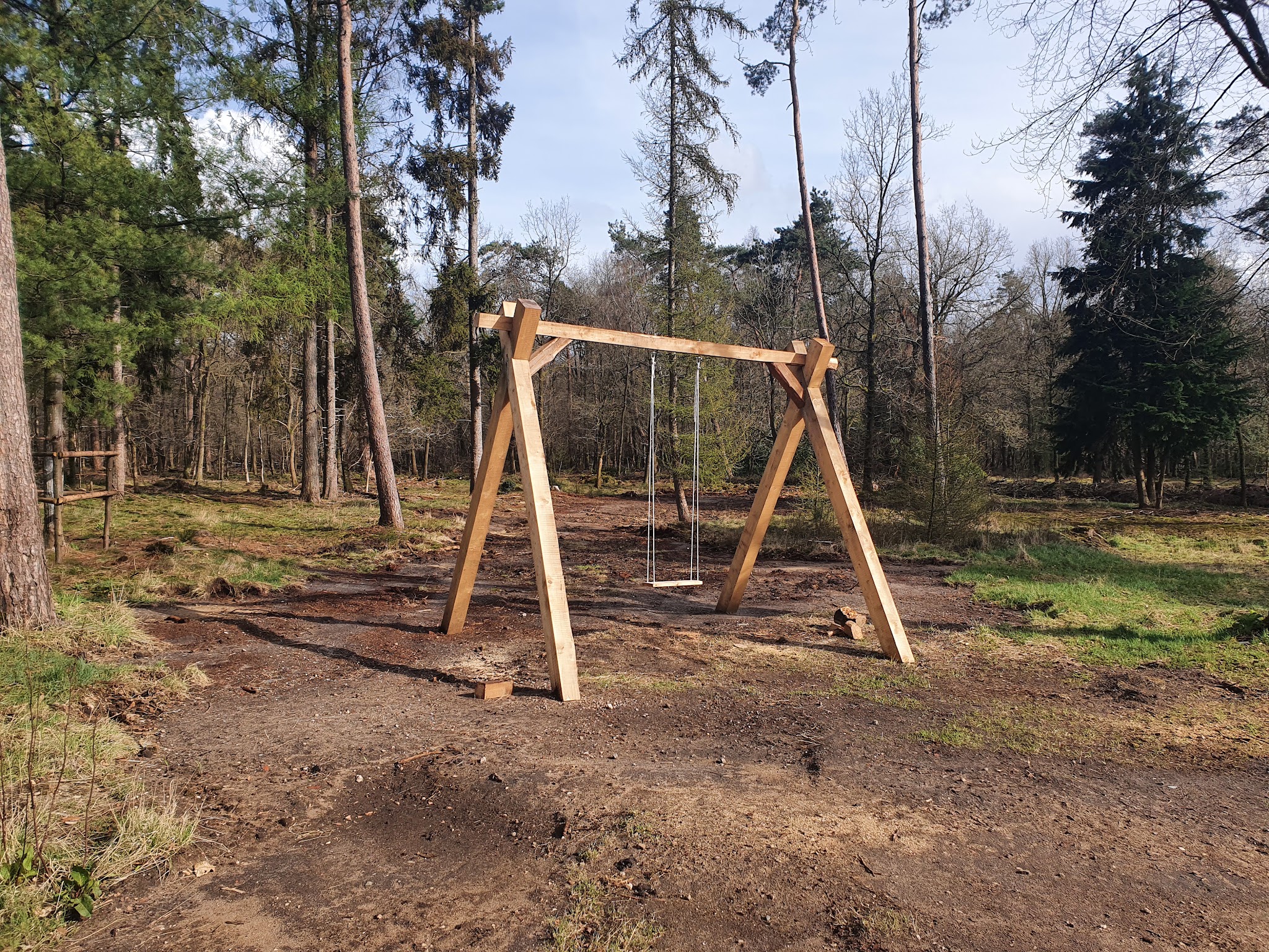 Zelfgemaakte houten schommel in een dennenbos